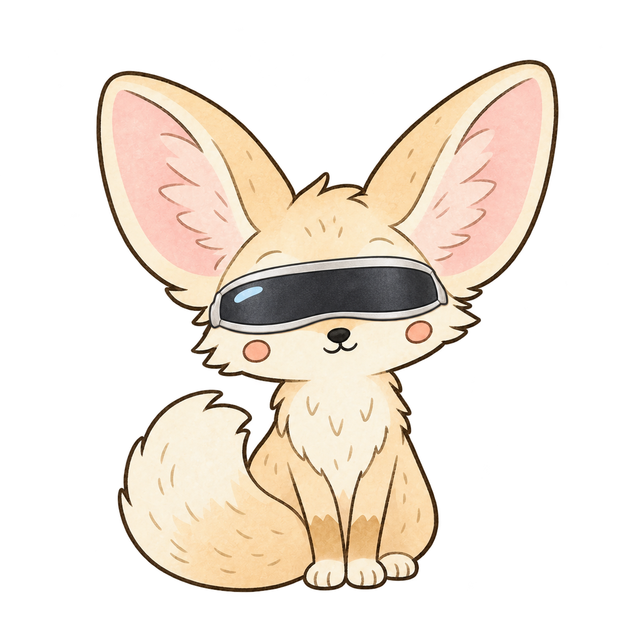 目元に未来的なバイザーをつけた、かわいいフェネックの案内人