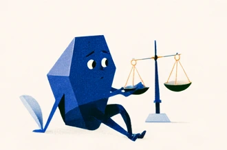 天秤を見つめる青い紙のキャラクター