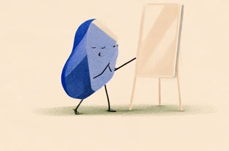 鏡をのぞく青い紙のキャラクター