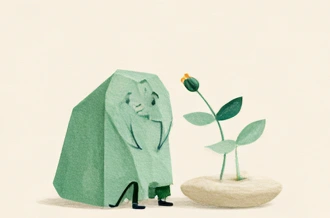小さな植物を見つめる緑の紙のキャラクター