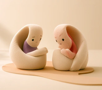 相手の話に耳を傾ける柔らかな立体のキャラクター