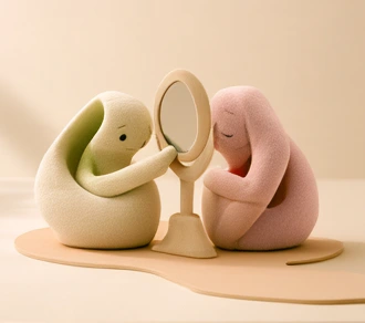 鏡をのぞき込み、気持ちに目を向けるキャラクター